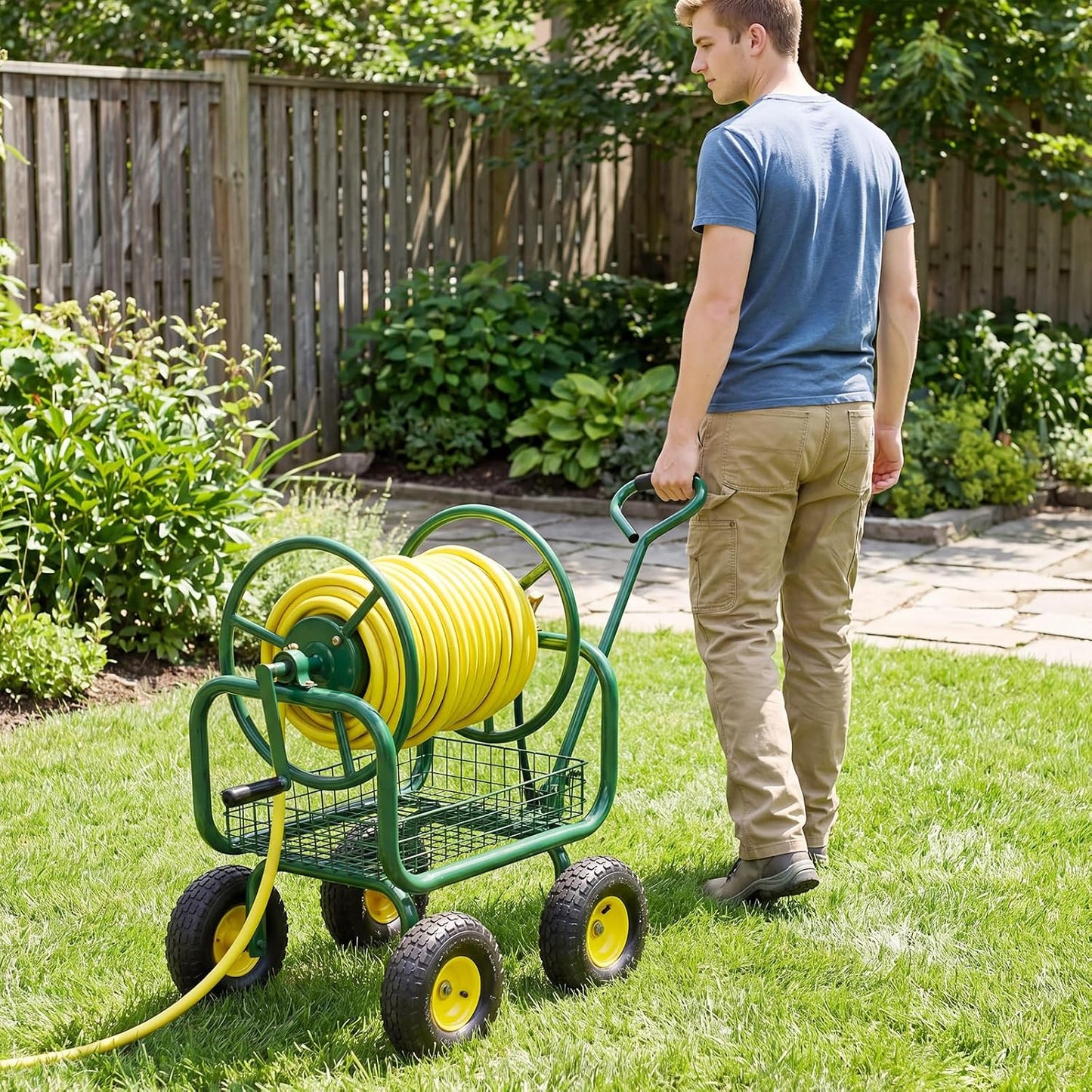 Garden Hose Reel Cart, 300ft 5/8" or 350ft 1/2", Heavy-Duty Metal Hose Cart w/4 Wheels, Storage Basket, Portable Water Hose Organizer for Yard Planting Lawn