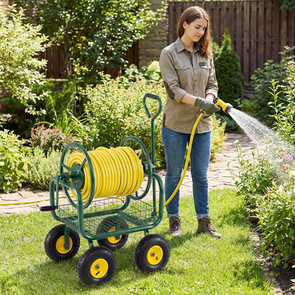 Garden Hose Reel Cart, 300ft 5/8" or 350ft 1/2", Heavy-Duty Metal Hose Cart w/4 Wheels, Storage Basket, Portable Water Hose Organizer for Yard Planting Lawn