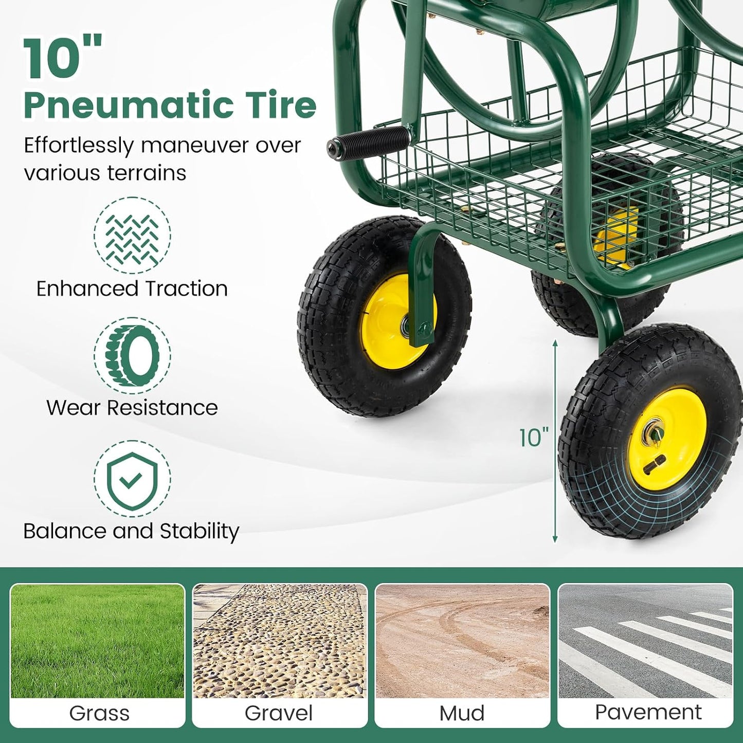 Garden Hose Reel Cart, 300ft 5/8" or 350ft 1/2", Heavy-Duty Metal Hose Cart w/4 Wheels, Storage Basket, Portable Water Hose Organizer for Yard Planting Lawn