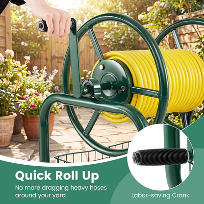 Garden Hose Reel Cart, 300ft 5/8" or 350ft 1/2", Heavy-Duty Metal Hose Cart w/4 Wheels, Storage Basket, Portable Water Hose Organizer for Yard Planting Lawn