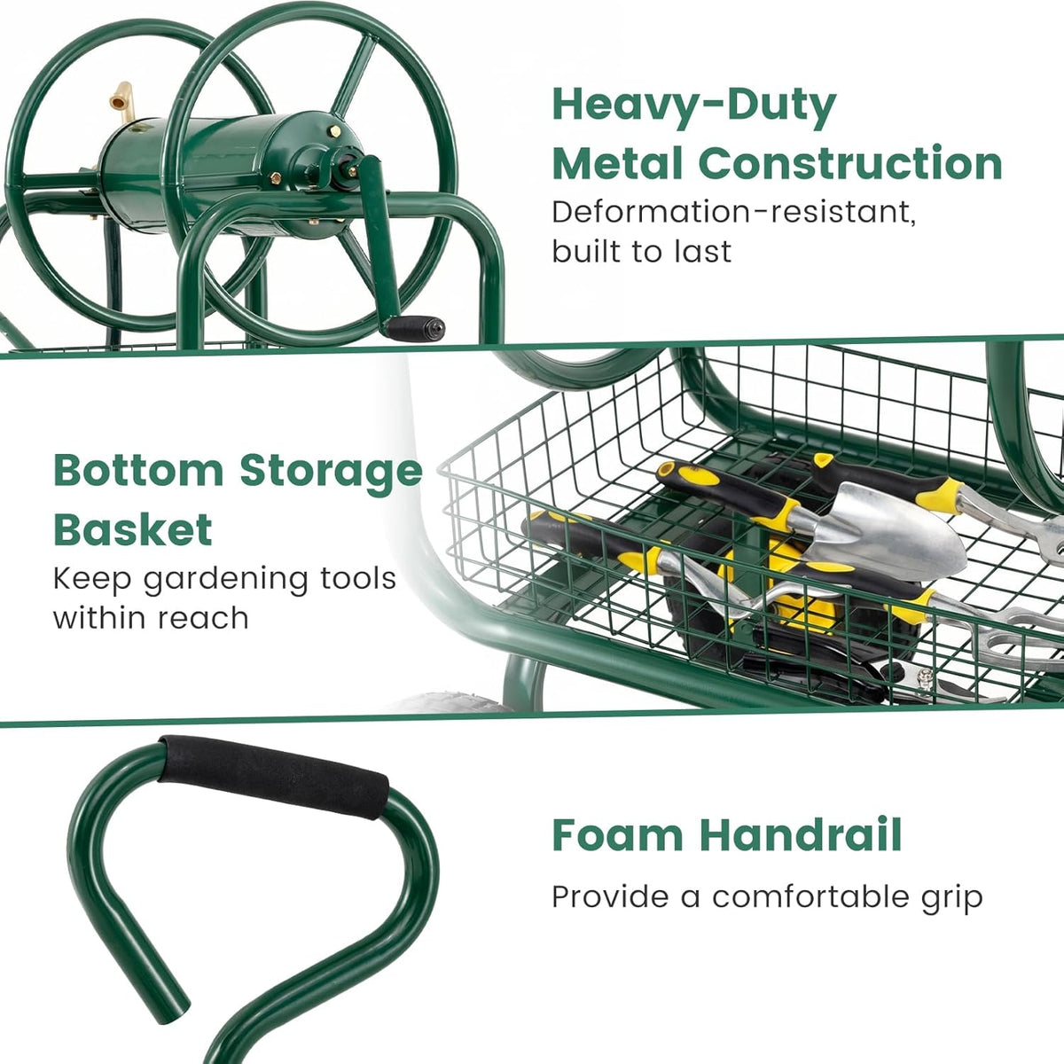 Garden Hose Reel Cart, 300ft 5/8" or 350ft 1/2", Heavy-Duty Metal Hose Cart w/4 Wheels, Storage Basket, Portable Water Hose Organizer for Yard Planting Lawn