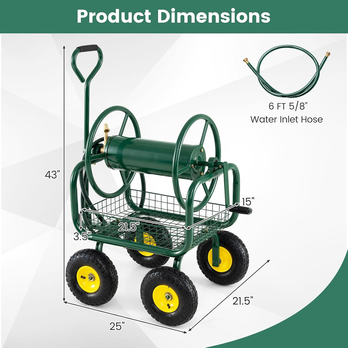 Garden Hose Reel Cart, 300ft 5/8" or 350ft 1/2", Heavy-Duty Metal Hose Cart w/4 Wheels, Storage Basket, Portable Water Hose Organizer for Yard Planting Lawn