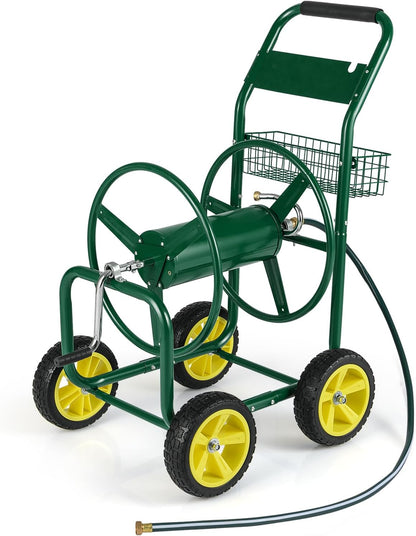 Garden Hose Reel Cart, 300ft 5/8" or 350ft 1/2", Heavy-Duty Metal Hose Cart w/4 Wheels, Storage Basket, Portable Water Hose Organizer for Yard Planting Lawn