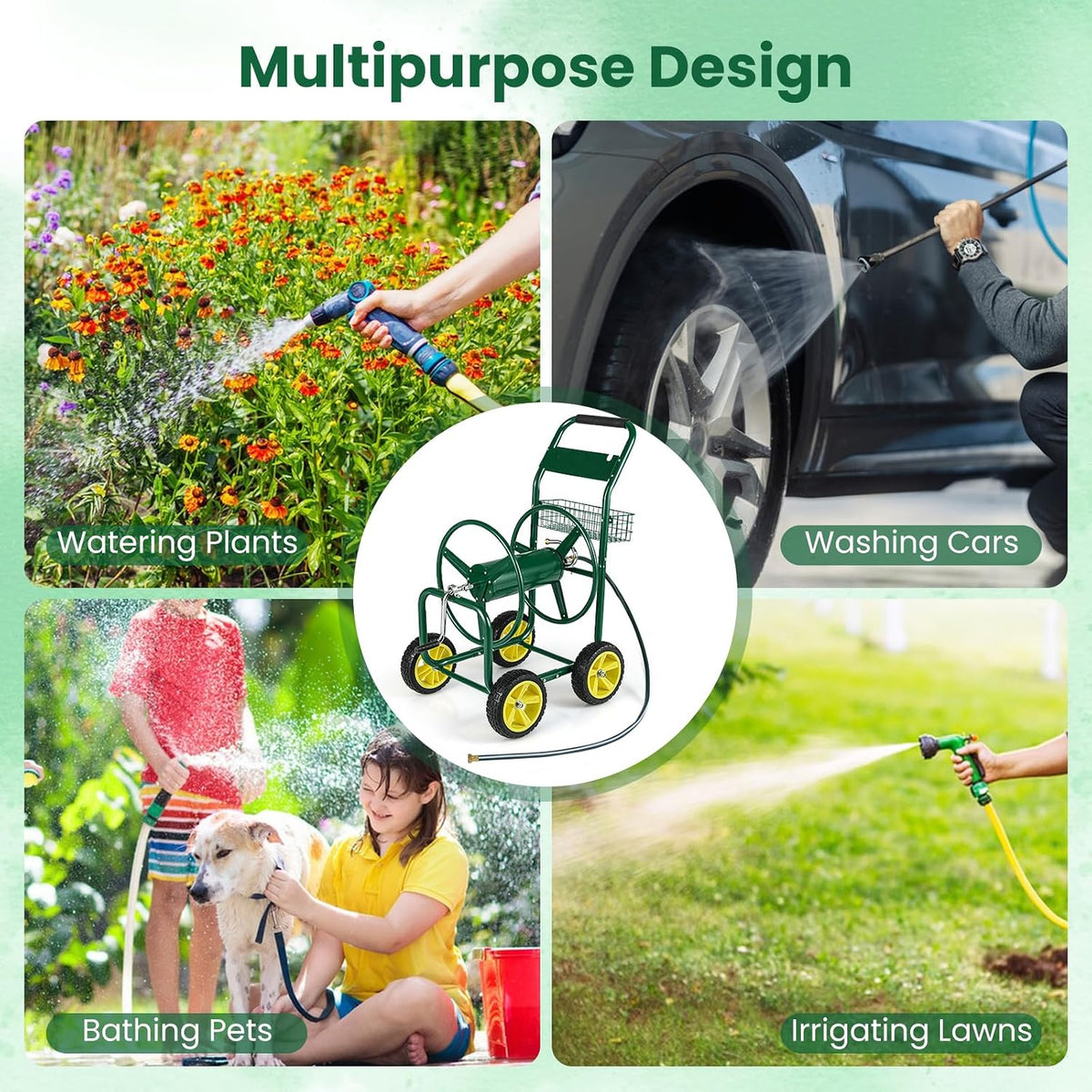 Garden Hose Reel Cart, 300ft 5/8" or 350ft 1/2", Heavy-Duty Metal Hose Cart w/4 Wheels, Storage Basket, Portable Water Hose Organizer for Yard Planting Lawn