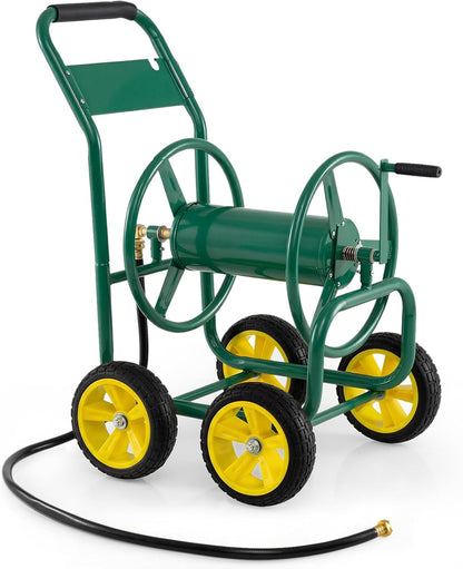 Garden Hose Reel Cart, 300ft 5/8" or 350ft 1/2", Heavy-Duty Metal Hose Cart w/4 Wheels, Storage Basket, Portable Water Hose Organizer for Yard Planting Lawn