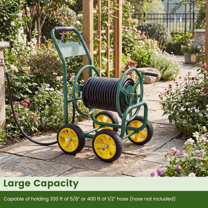 Garden Hose Reel Cart, 300ft 5/8" or 350ft 1/2", Heavy-Duty Metal Hose Cart w/4 Wheels, Storage Basket, Portable Water Hose Organizer for Yard Planting Lawn