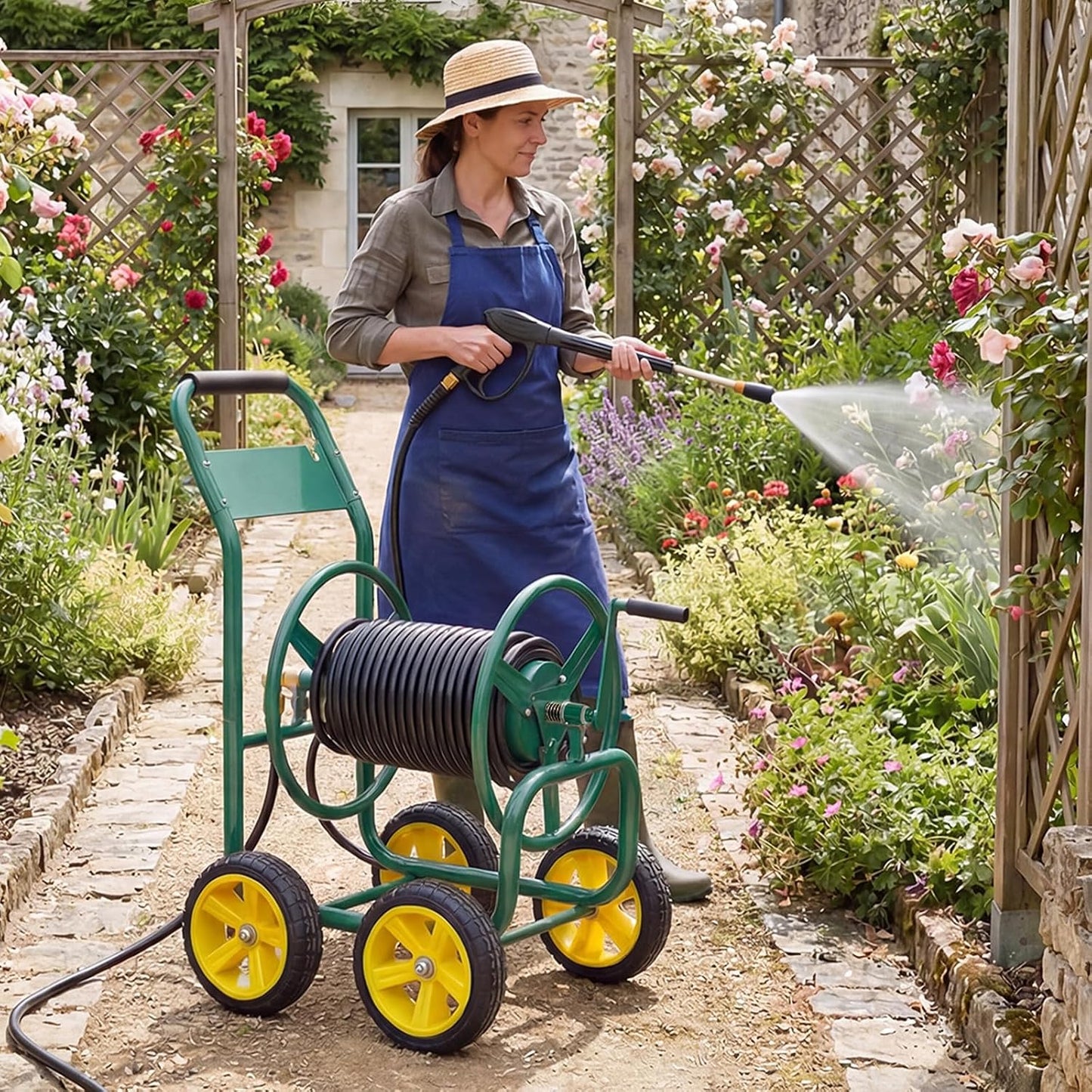 Garden Hose Reel Cart, 300ft 5/8" or 350ft 1/2", Heavy-Duty Metal Hose Cart w/4 Wheels, Storage Basket, Portable Water Hose Organizer for Yard Planting Lawn