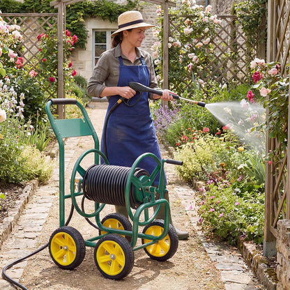 Garden Hose Reel Cart, 300ft 5/8" or 350ft 1/2", Heavy-Duty Metal Hose Cart w/4 Wheels, Storage Basket, Portable Water Hose Organizer for Yard Planting Lawn