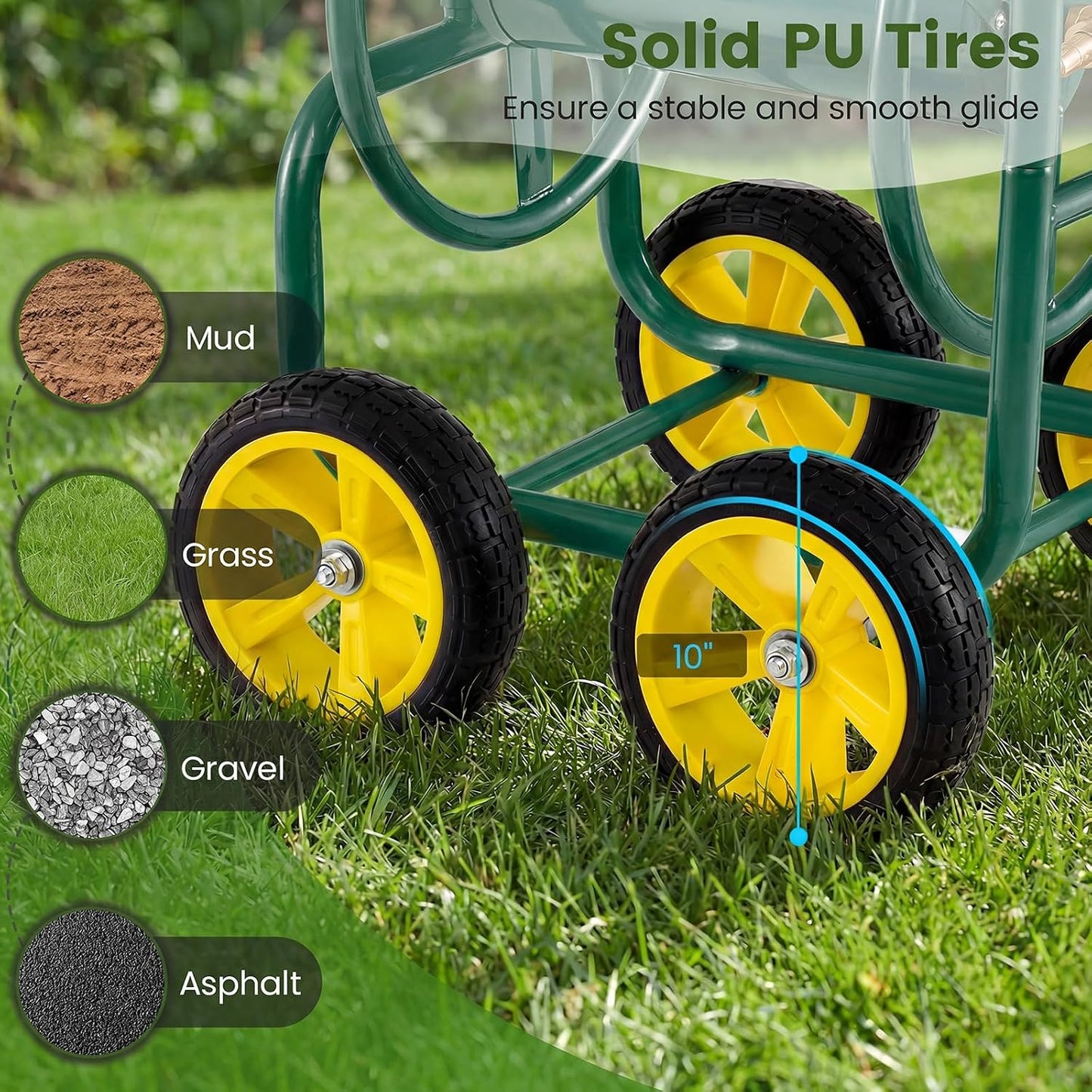 Garden Hose Reel Cart, 300ft 5/8" or 350ft 1/2", Heavy-Duty Metal Hose Cart w/4 Wheels, Storage Basket, Portable Water Hose Organizer for Yard Planting Lawn