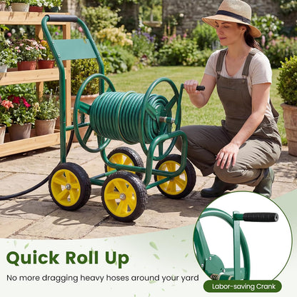 Garden Hose Reel Cart, 300ft 5/8" or 350ft 1/2", Heavy-Duty Metal Hose Cart w/4 Wheels, Storage Basket, Portable Water Hose Organizer for Yard Planting Lawn