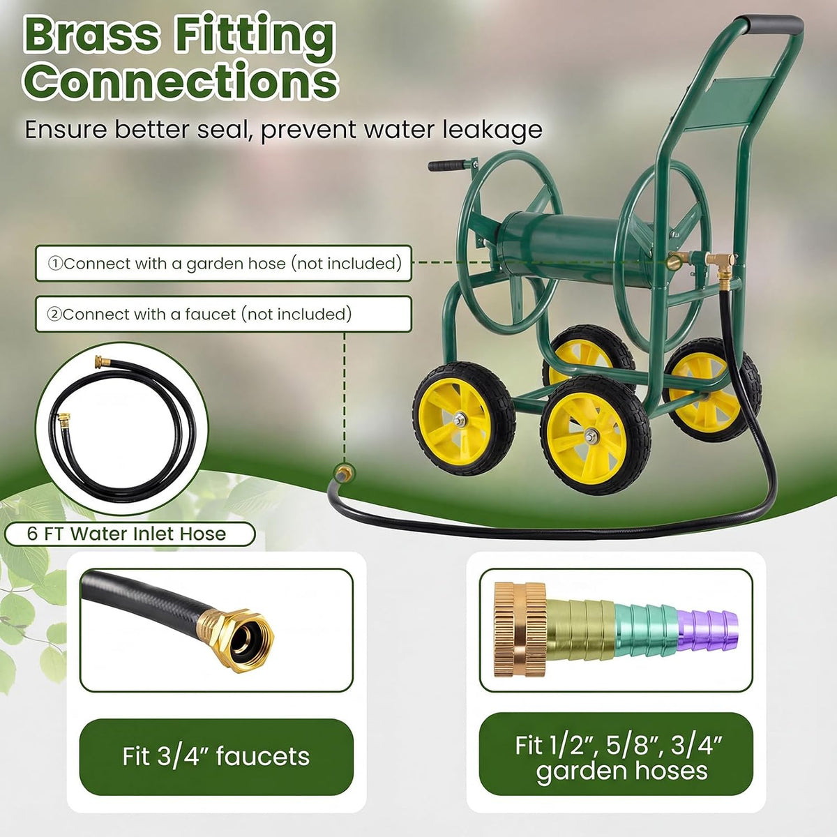 Garden Hose Reel Cart, 300ft 5/8" or 350ft 1/2", Heavy-Duty Metal Hose Cart w/4 Wheels, Storage Basket, Portable Water Hose Organizer for Yard Planting Lawn