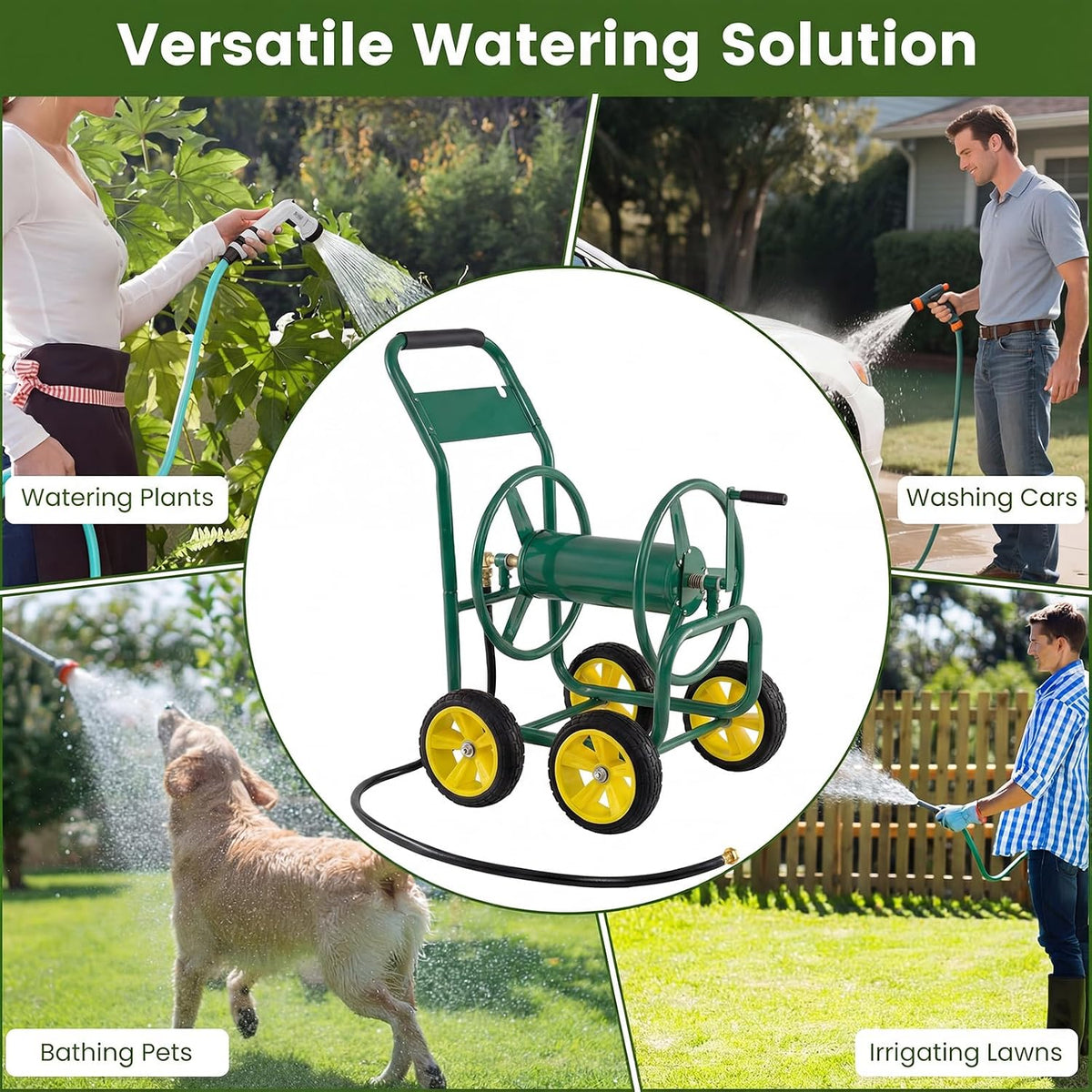 Garden Hose Reel Cart, 300ft 5/8" or 350ft 1/2", Heavy-Duty Metal Hose Cart w/4 Wheels, Storage Basket, Portable Water Hose Organizer for Yard Planting Lawn