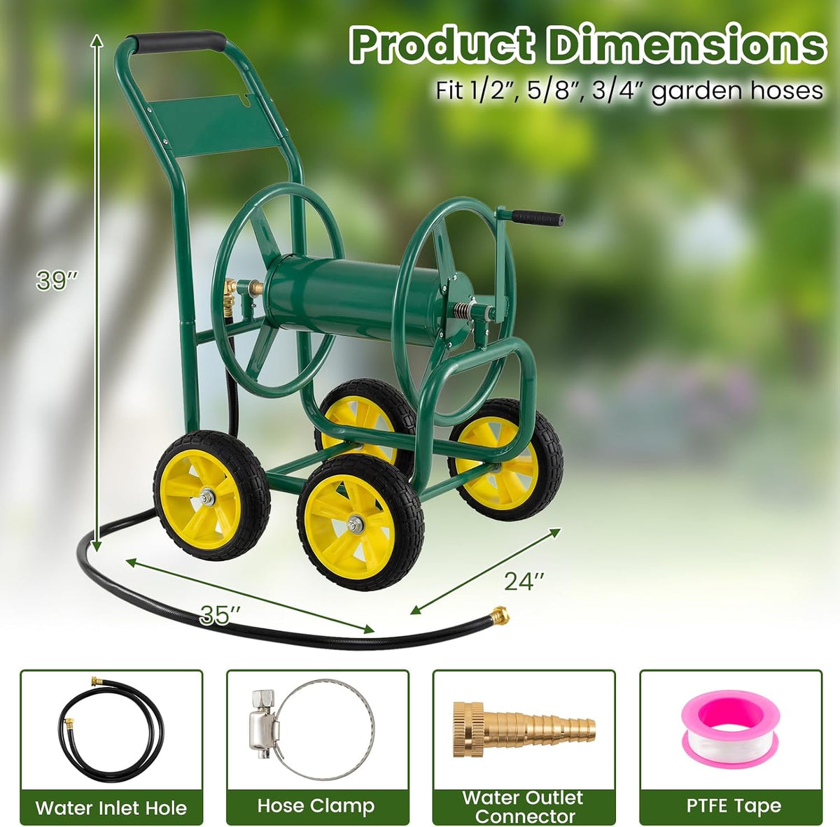 Garden Hose Reel Cart, 300ft 5/8" or 350ft 1/2", Heavy-Duty Metal Hose Cart w/4 Wheels, Storage Basket, Portable Water Hose Organizer for Yard Planting Lawn