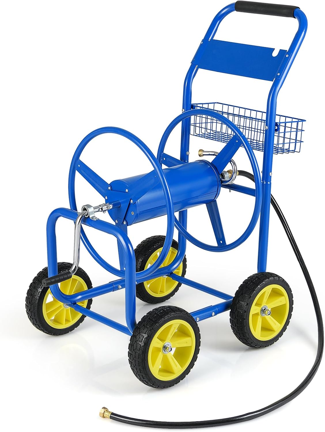 Garden Hose Reel Cart, 300ft 5/8" or 350ft 1/2", Heavy-Duty Metal Hose Cart w/4 Wheels, Storage Basket, Portable Water Hose Organizer for Yard Planting Lawn