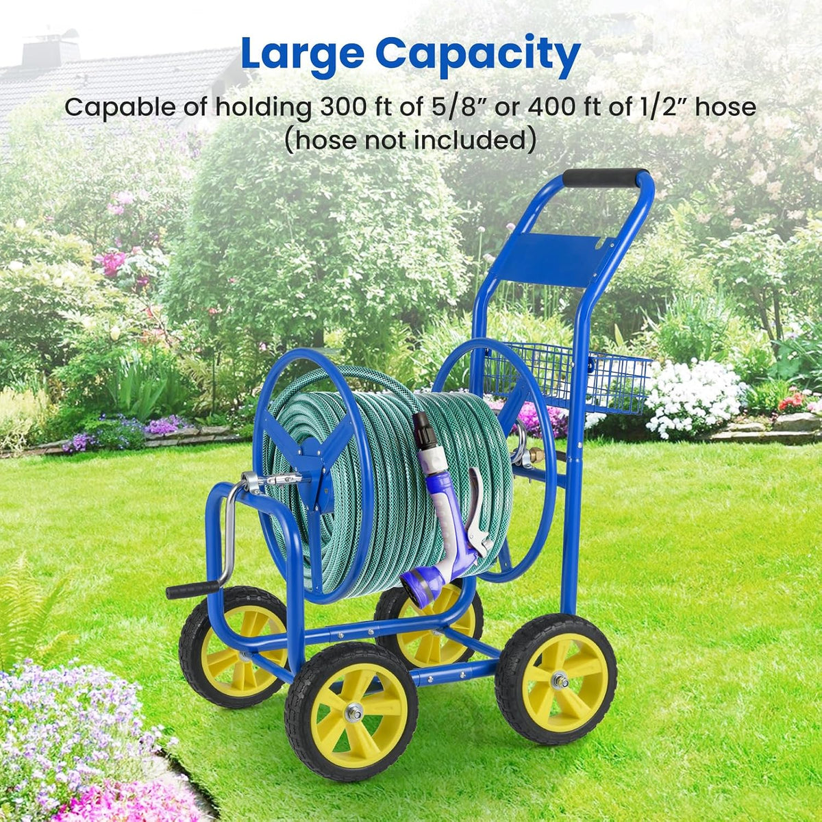 Garden Hose Reel Cart, 300ft 5/8" or 350ft 1/2", Heavy-Duty Metal Hose Cart w/4 Wheels, Storage Basket, Portable Water Hose Organizer for Yard Planting Lawn