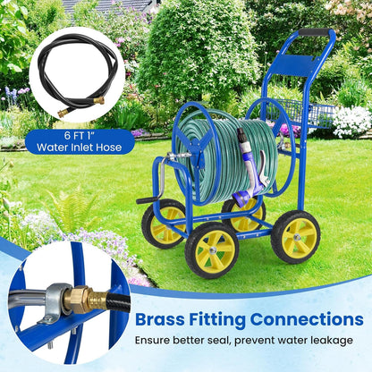 Garden Hose Reel Cart, 300ft 5/8" or 350ft 1/2", Heavy-Duty Metal Hose Cart w/4 Wheels, Storage Basket, Portable Water Hose Organizer for Yard Planting Lawn