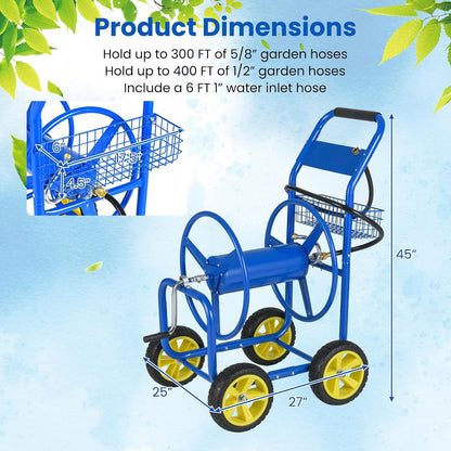 Garden Hose Reel Cart, 300ft 5/8" or 350ft 1/2", Heavy-Duty Metal Hose Cart w/4 Wheels, Storage Basket, Portable Water Hose Organizer for Yard Planting Lawn