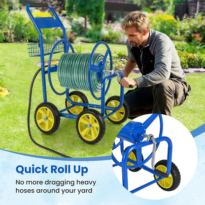 Garden Hose Reel Cart, 300ft 5/8" or 350ft 1/2", Heavy-Duty Metal Hose Cart w/4 Wheels, Storage Basket, Portable Water Hose Organizer for Yard Planting Lawn