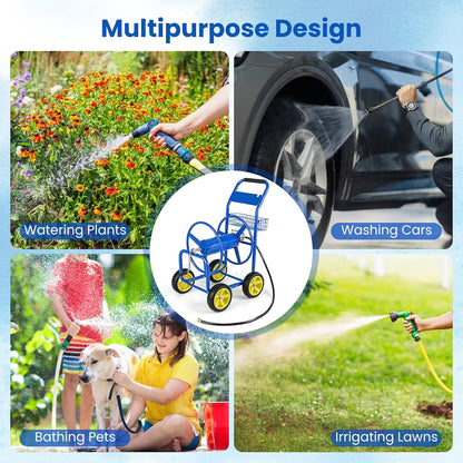 Garden Hose Reel Cart, 300ft 5/8" or 350ft 1/2", Heavy-Duty Metal Hose Cart w/4 Wheels, Storage Basket, Portable Water Hose Organizer for Yard Planting Lawn
