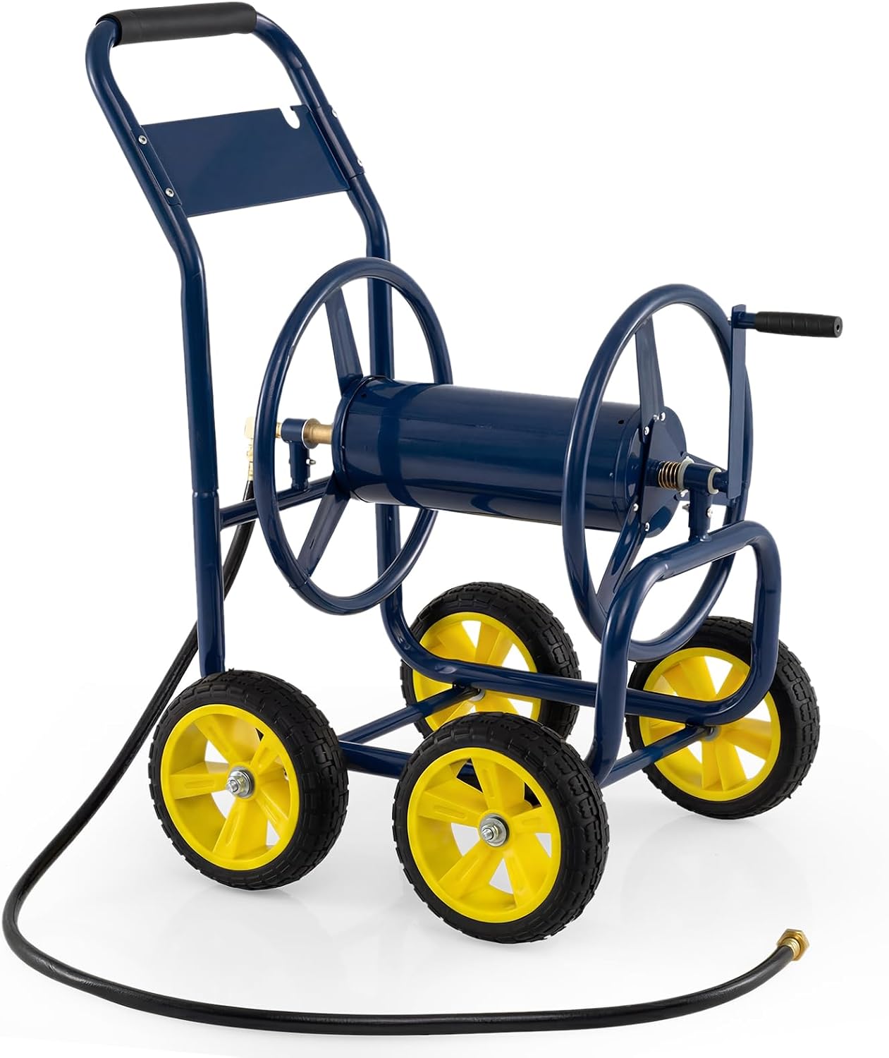 Garden Hose Reel Cart, 300ft 5/8" or 350ft 1/2", Heavy-Duty Metal Hose Cart w/4 Wheels, Storage Basket, Portable Water Hose Organizer for Yard Planting Lawn