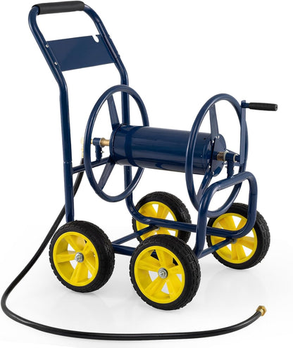 Garden Hose Reel Cart, 300ft 5/8" or 350ft 1/2", Heavy-Duty Metal Hose Cart w/4 Wheels, Storage Basket, Portable Water Hose Organizer for Yard Planting Lawn