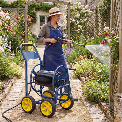 Garden Hose Reel Cart, 300ft 5/8" or 350ft 1/2", Heavy-Duty Metal Hose Cart w/4 Wheels, Storage Basket, Portable Water Hose Organizer for Yard Planting Lawn