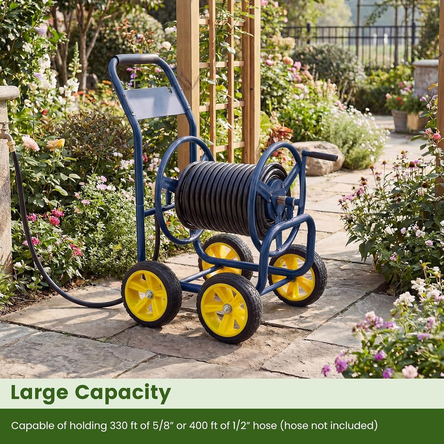 Garden Hose Reel Cart, 300ft 5/8" or 350ft 1/2", Heavy-Duty Metal Hose Cart w/4 Wheels, Storage Basket, Portable Water Hose Organizer for Yard Planting Lawn