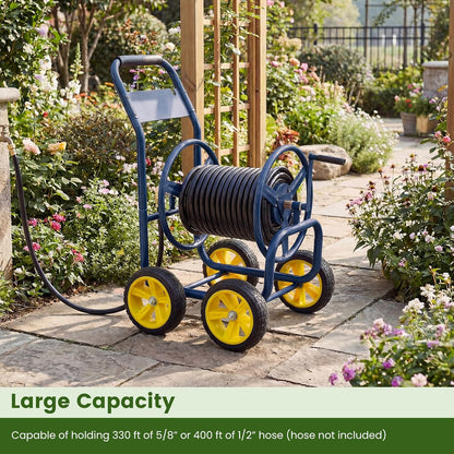 Garden Hose Reel Cart, 300ft 5/8" or 350ft 1/2", Heavy-Duty Metal Hose Cart w/4 Wheels, Storage Basket, Portable Water Hose Organizer for Yard Planting Lawn