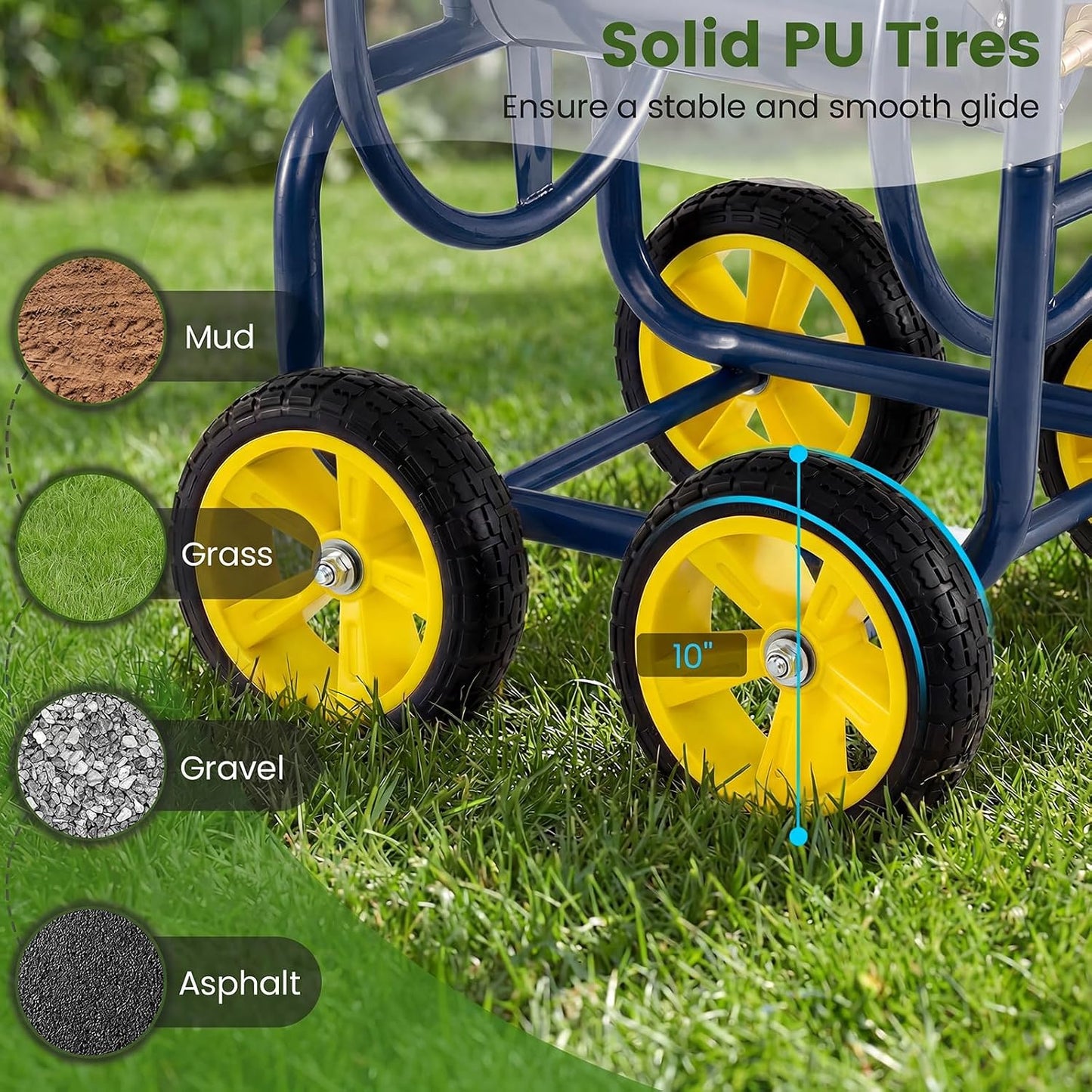 Garden Hose Reel Cart, 300ft 5/8" or 350ft 1/2", Heavy-Duty Metal Hose Cart w/4 Wheels, Storage Basket, Portable Water Hose Organizer for Yard Planting Lawn