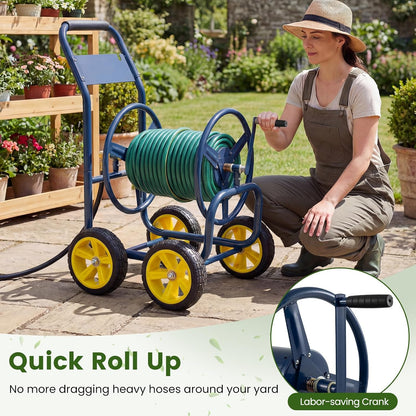 Garden Hose Reel Cart, 300ft 5/8" or 350ft 1/2", Heavy-Duty Metal Hose Cart w/4 Wheels, Storage Basket, Portable Water Hose Organizer for Yard Planting Lawn
