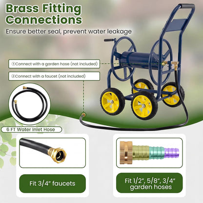 Garden Hose Reel Cart, 300ft 5/8" or 350ft 1/2", Heavy-Duty Metal Hose Cart w/4 Wheels, Storage Basket, Portable Water Hose Organizer for Yard Planting Lawn