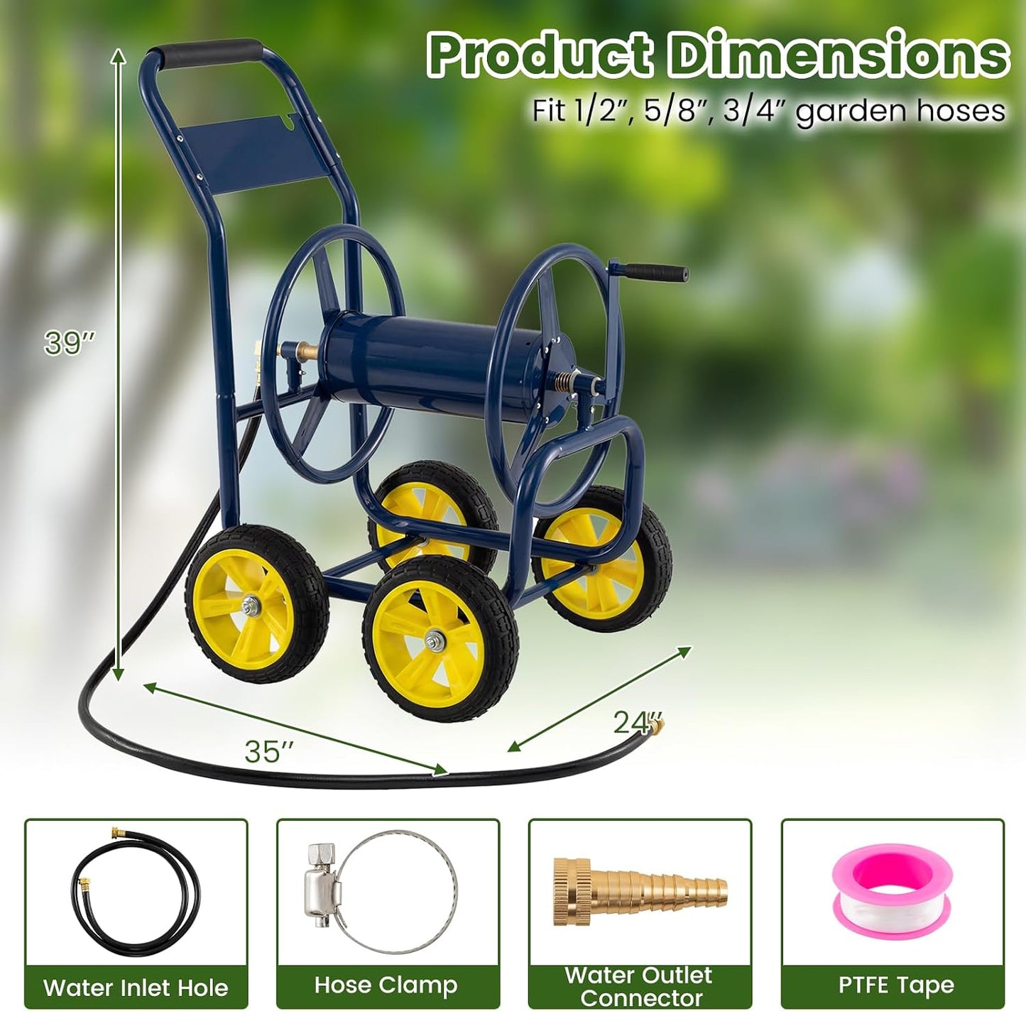 Garden Hose Reel Cart, 300ft 5/8" or 350ft 1/2", Heavy-Duty Metal Hose Cart w/4 Wheels, Storage Basket, Portable Water Hose Organizer for Yard Planting Lawn