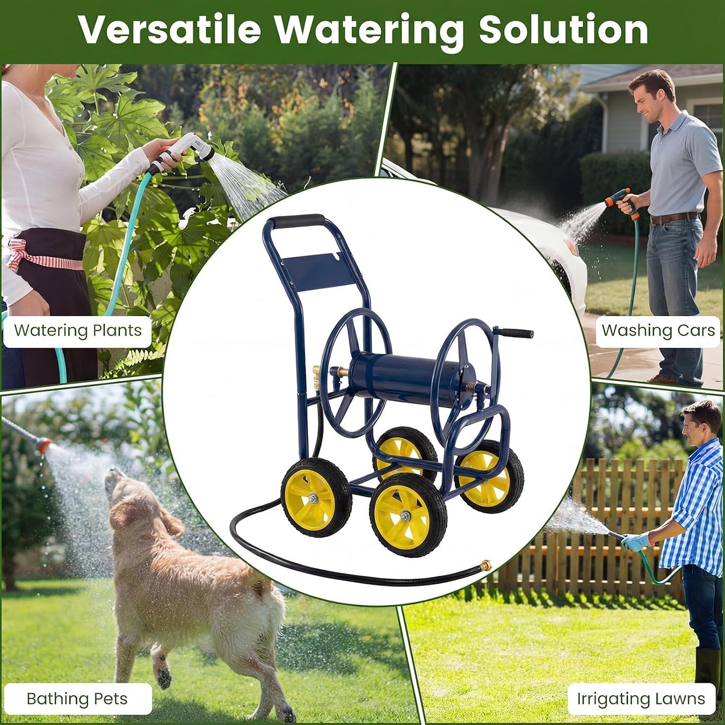 Garden Hose Reel Cart, 300ft 5/8" or 350ft 1/2", Heavy-Duty Metal Hose Cart w/4 Wheels, Storage Basket, Portable Water Hose Organizer for Yard Planting Lawn