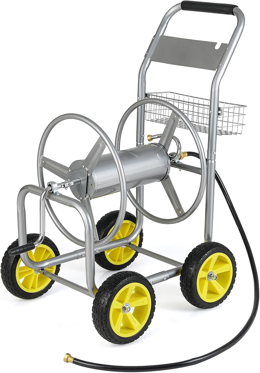 Garden Hose Reel Cart, 300ft 5/8" or 350ft 1/2", Heavy-Duty Metal Hose Cart w/4 Wheels, Storage Basket, Portable Water Hose Organizer for Yard Planting Lawn