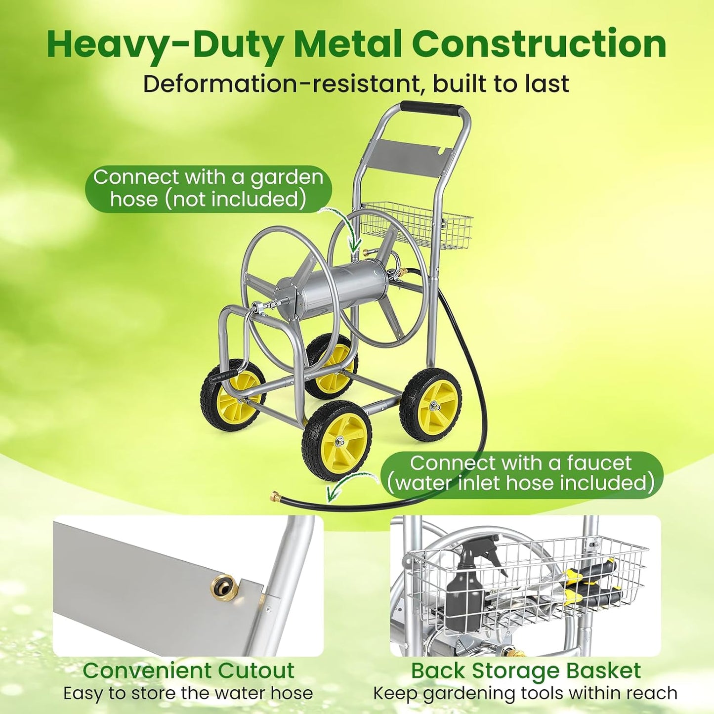 Garden Hose Reel Cart, 300ft 5/8" or 350ft 1/2", Heavy-Duty Metal Hose Cart w/4 Wheels, Storage Basket, Portable Water Hose Organizer for Yard Planting Lawn