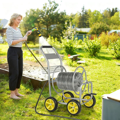 Garden Hose Reel Cart, 300ft 5/8" or 350ft 1/2", Heavy-Duty Metal Hose Cart w/4 Wheels, Storage Basket, Portable Water Hose Organizer for Yard Planting Lawn