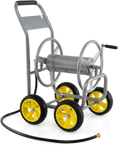 Garden Hose Reel Cart, 300ft 5/8" or 350ft 1/2", Heavy-Duty Metal Hose Cart w/4 Wheels, Storage Basket, Portable Water Hose Organizer for Yard Planting Lawn