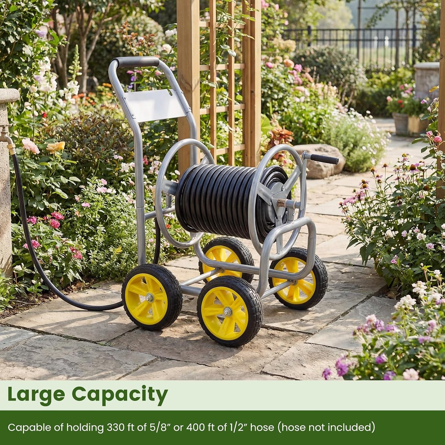 Garden Hose Reel Cart, 300ft 5/8" or 350ft 1/2", Heavy-Duty Metal Hose Cart w/4 Wheels, Storage Basket, Portable Water Hose Organizer for Yard Planting Lawn