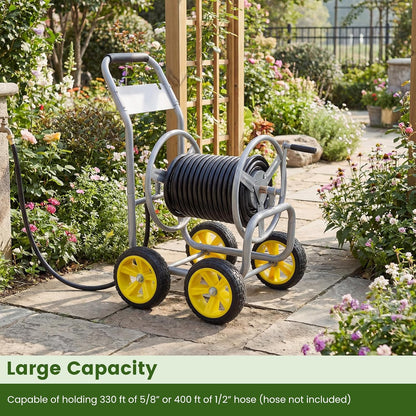 Garden Hose Reel Cart, 300ft 5/8" or 350ft 1/2", Heavy-Duty Metal Hose Cart w/4 Wheels, Storage Basket, Portable Water Hose Organizer for Yard Planting Lawn