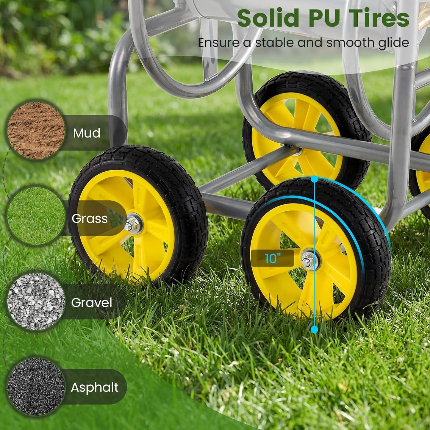 Garden Hose Reel Cart, 300ft 5/8" or 350ft 1/2", Heavy-Duty Metal Hose Cart w/4 Wheels, Storage Basket, Portable Water Hose Organizer for Yard Planting Lawn