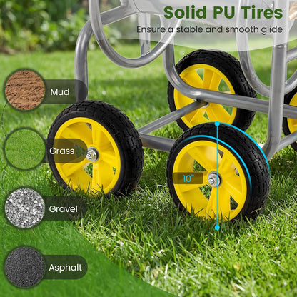 Garden Hose Reel Cart, 300ft 5/8" or 350ft 1/2", Heavy-Duty Metal Hose Cart w/4 Wheels, Storage Basket, Portable Water Hose Organizer for Yard Planting Lawn