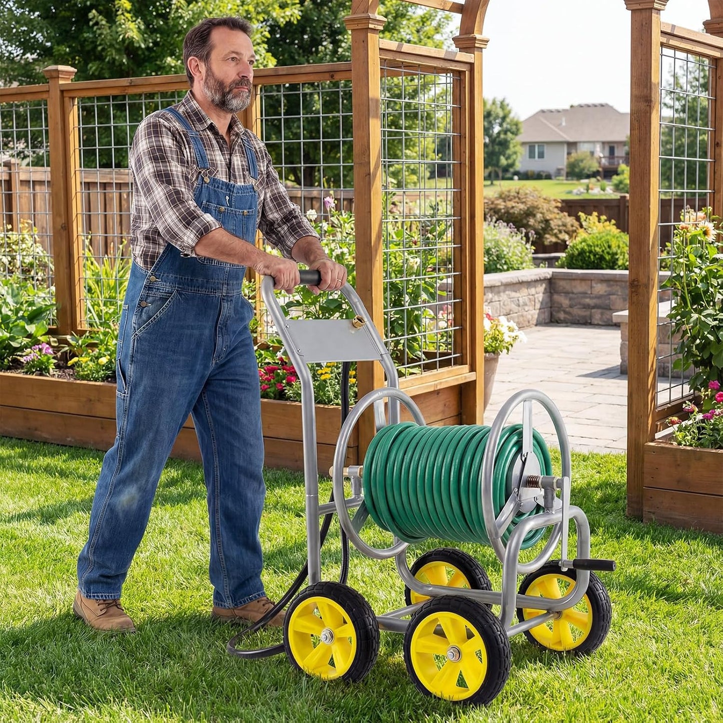 Garden Hose Reel Cart, 300ft 5/8" or 350ft 1/2", Heavy-Duty Metal Hose Cart w/4 Wheels, Storage Basket, Portable Water Hose Organizer for Yard Planting Lawn
