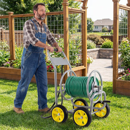 Garden Hose Reel Cart, 300ft 5/8" or 350ft 1/2", Heavy-Duty Metal Hose Cart w/4 Wheels, Storage Basket, Portable Water Hose Organizer for Yard Planting Lawn