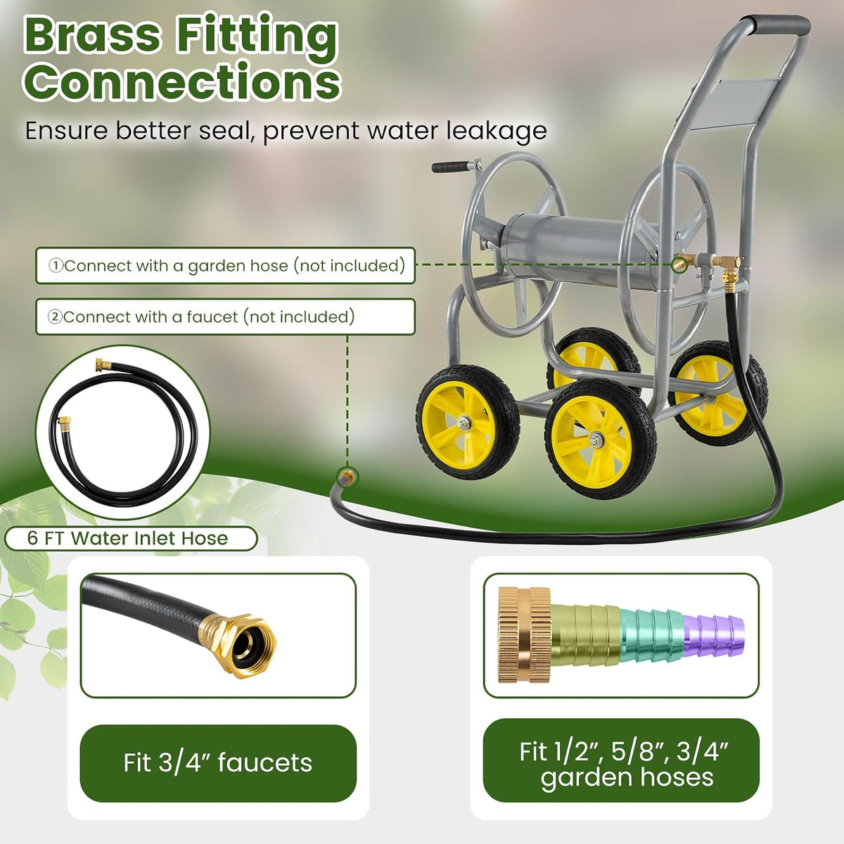 Garden Hose Reel Cart, 300ft 5/8" or 350ft 1/2", Heavy-Duty Metal Hose Cart w/4 Wheels, Storage Basket, Portable Water Hose Organizer for Yard Planting Lawn