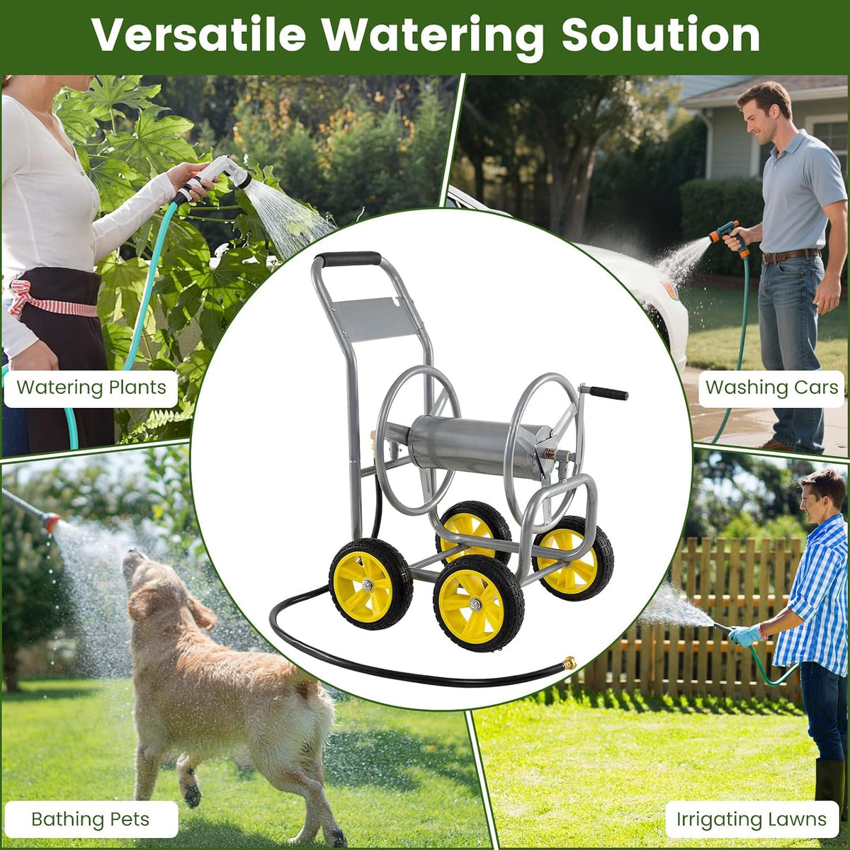 Garden Hose Reel Cart, 300ft 5/8" or 350ft 1/2", Heavy-Duty Metal Hose Cart w/4 Wheels, Storage Basket, Portable Water Hose Organizer for Yard Planting Lawn