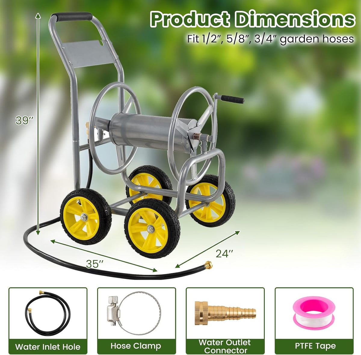 Garden Hose Reel Cart, 300ft 5/8" or 350ft 1/2", Heavy-Duty Metal Hose Cart w/4 Wheels, Storage Basket, Portable Water Hose Organizer for Yard Planting Lawn