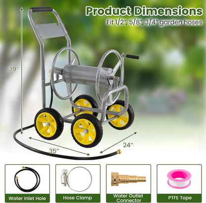 Garden Hose Reel Cart, 300ft 5/8" or 350ft 1/2", Heavy-Duty Metal Hose Cart w/4 Wheels, Storage Basket, Portable Water Hose Organizer for Yard Planting Lawn