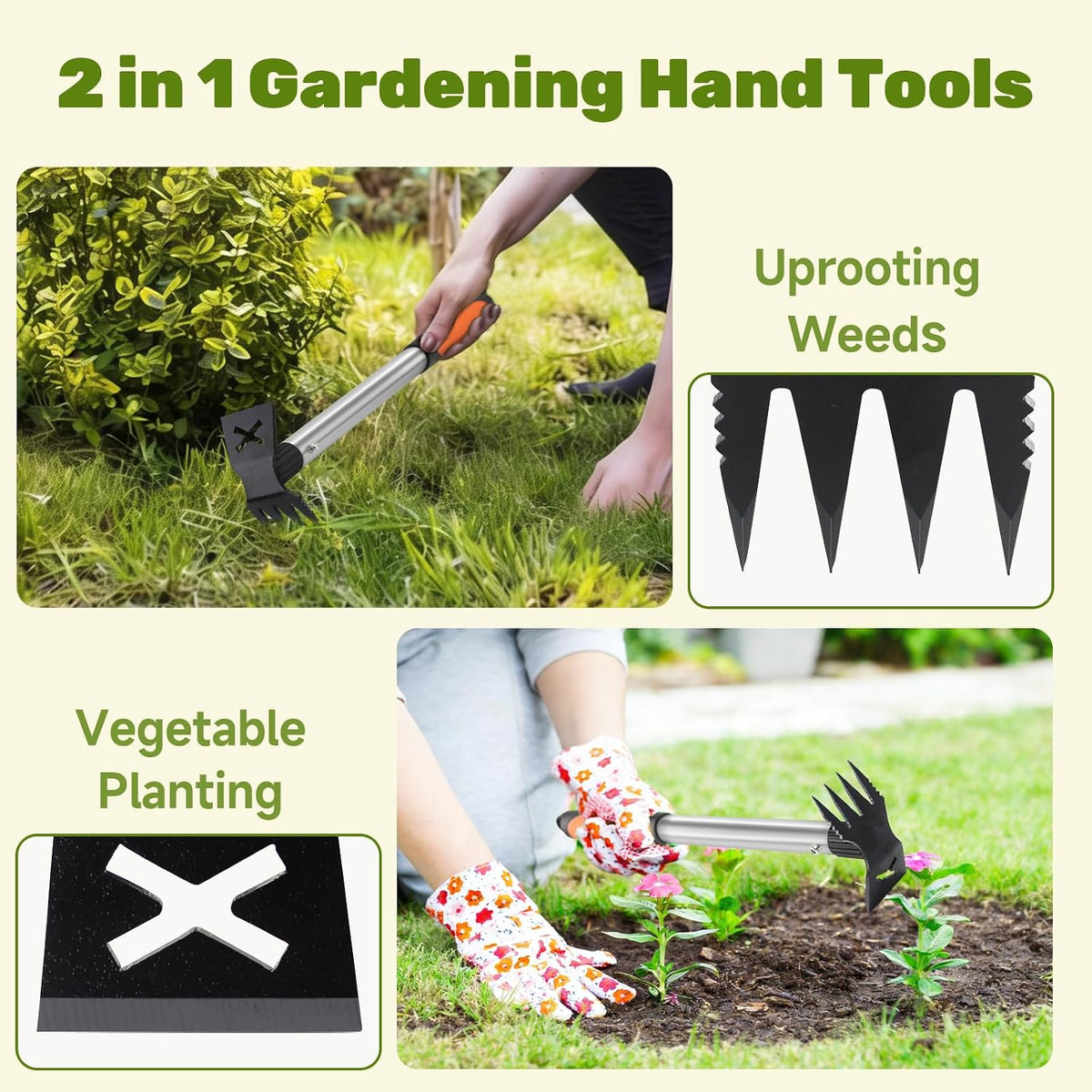 2 in 1 Manual Weeding Rake and Garden Hoe for Yard Lawn Patio Garden
