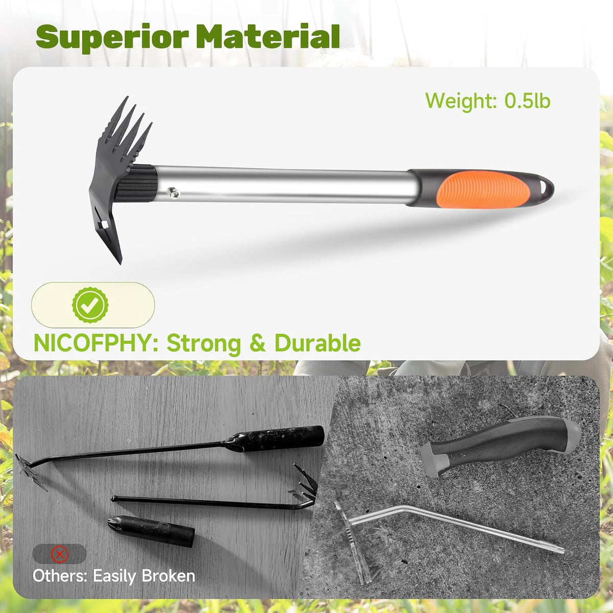 2 in 1 Manual Weeding Rake and Garden Hoe for Yard Lawn Patio Garden