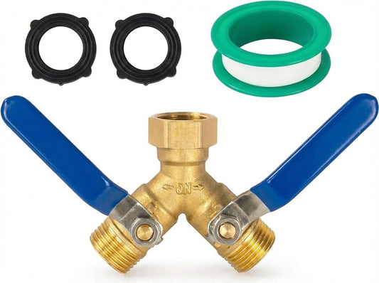 Brass Garden Hose Splitter 2 Way Heavy Duty，with 304 Stainless Steel Long Handle，Brass Y Valve Water Garden Hose Adapter 2 Way Y Valve 3/4" GHT Thread